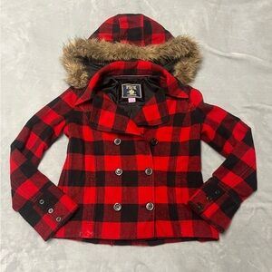 VS PINK Red and Black Plaid Peacoat with Faux Fur Hood